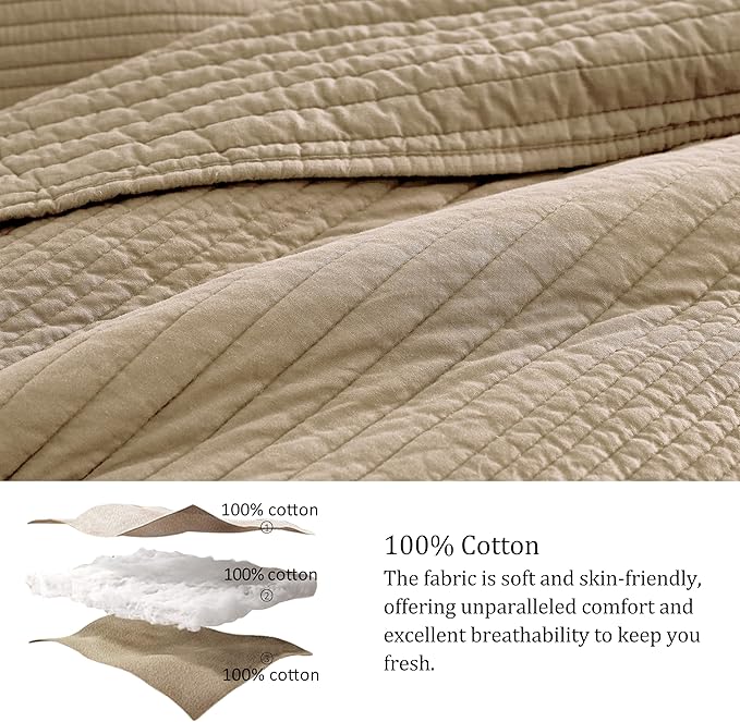 palassio Striped Dark Beige 100% Cotton Quilt King Size Bedding Sets, Lightweight Crinkly Channel Pick Stitch Textured Bedspread Soft Shabby Chic Farmhouse Country Coverlet for All Season, 2 Shams