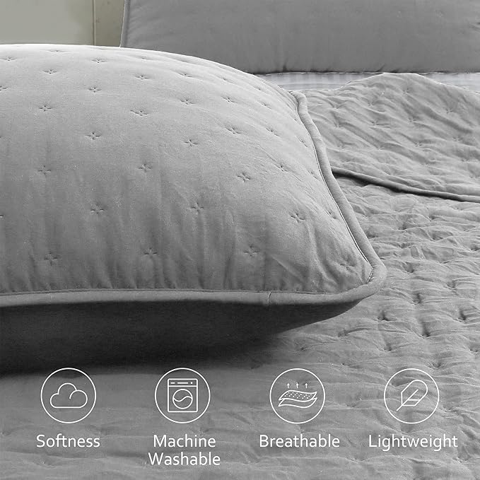 ROARINGWILD Light Grey Queen Size Quilt Bedding Sets with Pillow Shams, Lightweight Bedspread Coverlet, Quilted Blanket Thin Comforter Bed Cover, All Season Summer Spring, 3 Pieces, 90x90 inches