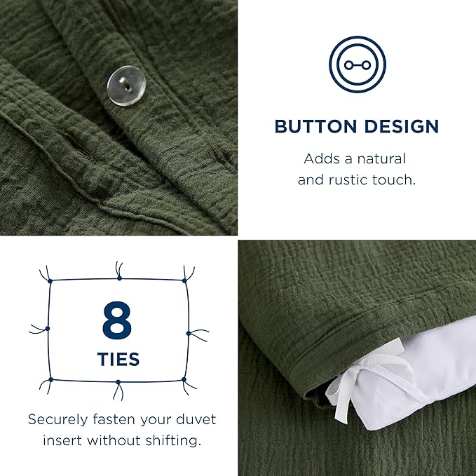 Bedsure 100% Muslin Cotton Duvet Cover Queen Size - Ultra-Soft, Breathable & Lightweight - Linen Like Gauze Comforter Cover Set with Button Closure and Corner Ties (Olive Green, Queen, 90"x90")