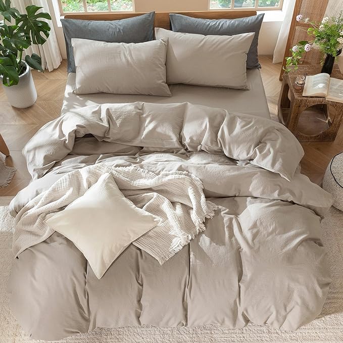 MooMee Bedding Duvet Cover Set 100% Washed Cotton Linen Like Textured Breathable Durable Soft Comfy (Solid Light Tan, Oversized King Plus 128"x120")