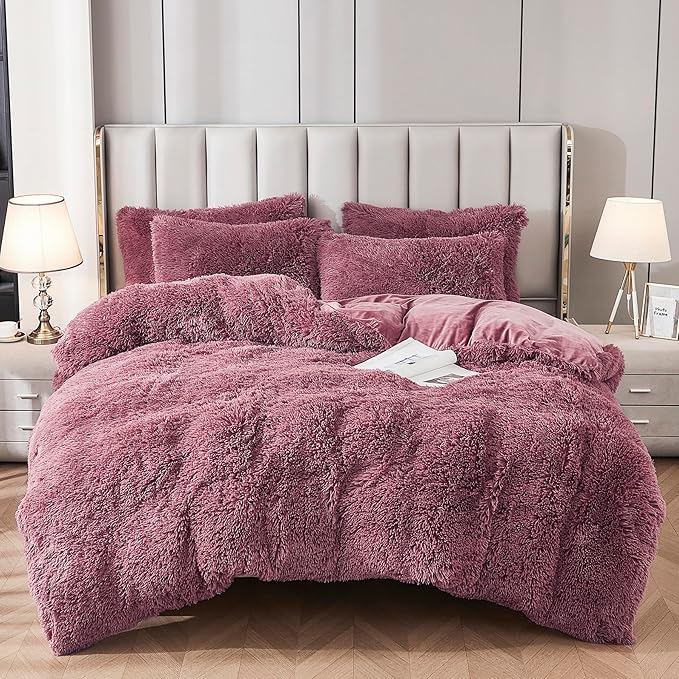 Uhamho Faux Fur Velvet Fluffy Bedding Duvet Cover Set Down Comforter Quilt Cover with Pillow Shams, Ultra Soft Warm and Luxury (King, Dusty Rose)