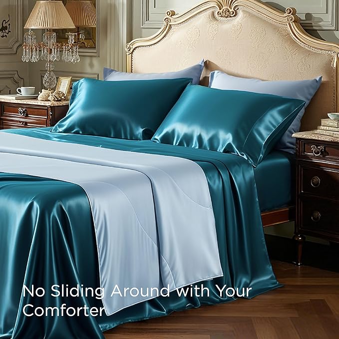 Bedsure Satin Sheets King Size - 4 Piece Silky Bedsheets with 15 Inches Deep Pocket Fitted Bedsheet,1 Flat Sheet, 2 Satin Pillowcases, Good for Hair & Skin (King, Teal)