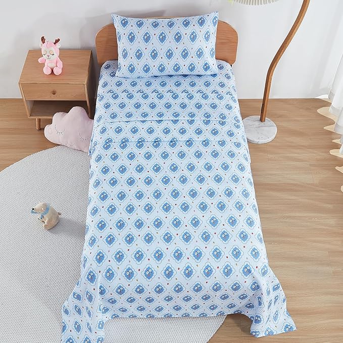 Kids Sheet Set Twin Size, Twin Sheet Set with Striped Flower Pattern，Breathable Silky Soft Microfiber Kids Fitted Sheet