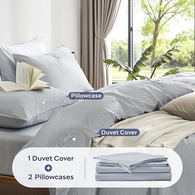 JELLYMONI 100% Natural Cotton 3pcs Striped Duvet Cover Sets,Blue Duvet Cover with Thin White Stripes Pattern Printed Comforter Cover,with Zipper Closure & Corner Ties(Queen Size)