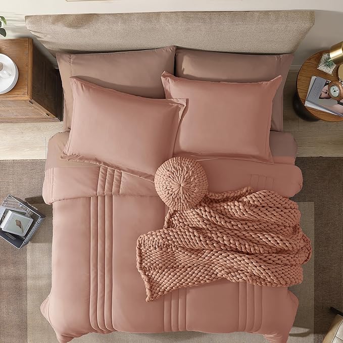 Monbix Queen Comforter Set - 7 Pieces Clay Pink Bed in a Bag Queen Bedding Sets with Comforters, All Seasons Comforter Bed Set with Sheets, Pillowcases & Shams