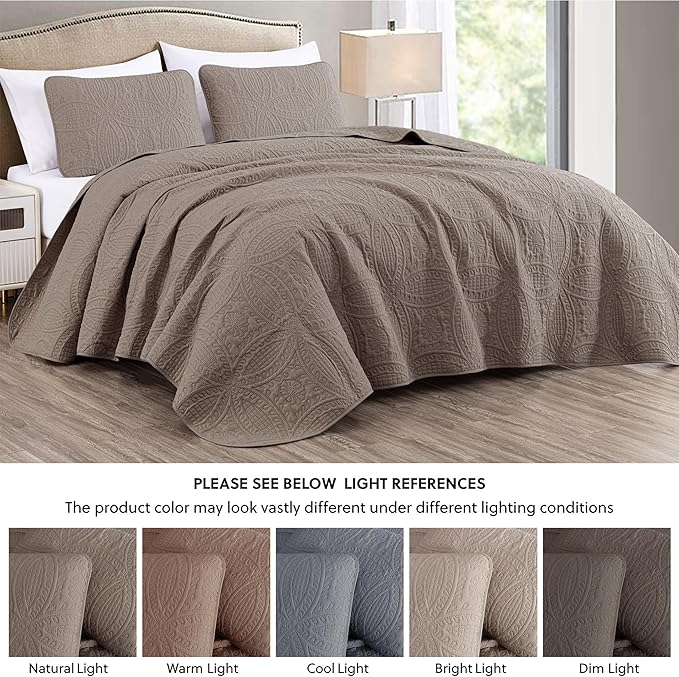 Chezmoi Collection Austin 3-Piece Oversized Bedspread Coverlet Set (Queen, Taupe)