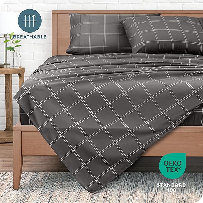 Bare Home California King Sheet Set - 1800 Ultra-Soft Microfiber Cal King Bed Sheets - Double Brushed - Deep Pockets - Easy Fit - 4 Piece Set (Cal King, Modern Plaid - Grey/White)