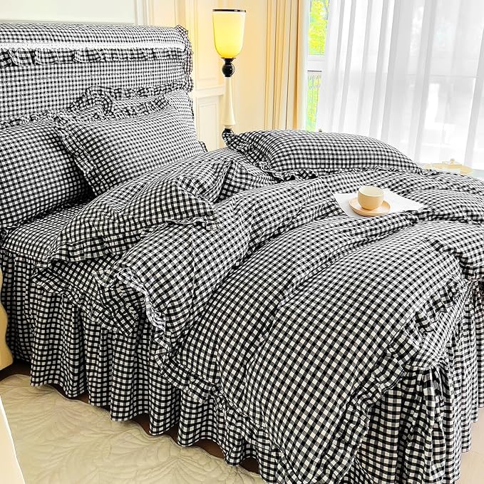 LifeTB Black Gingham Comforter Set Full Size Ruffle Plaid Checkered Pattern Comforter Farmhouse Plaid Gingham Bedding Comforter Set with 2 Pillowcases Luxury Soft Fluffy Grid Bedding Set Full Size