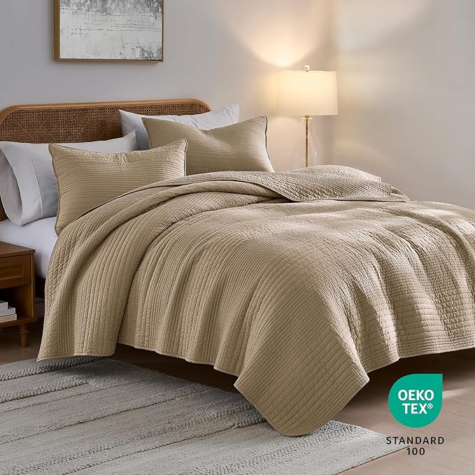 palassio Striped Dark Beige 100% Cotton Quilt Queen Size Bedding Sets, Lightweight Crinkly Channel Pick Stitch Textured Bedspread Soft Shabby Chic Farmhouse Country Coverlet for All Season, 2 Shams