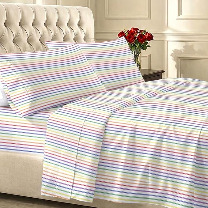 California Design Den Deep Pocket Twin Sheets Set - 400 Thread Count Sateen, Natural 100% Cotton Sheets, and Durable Bedding Set - Rainbow Striped