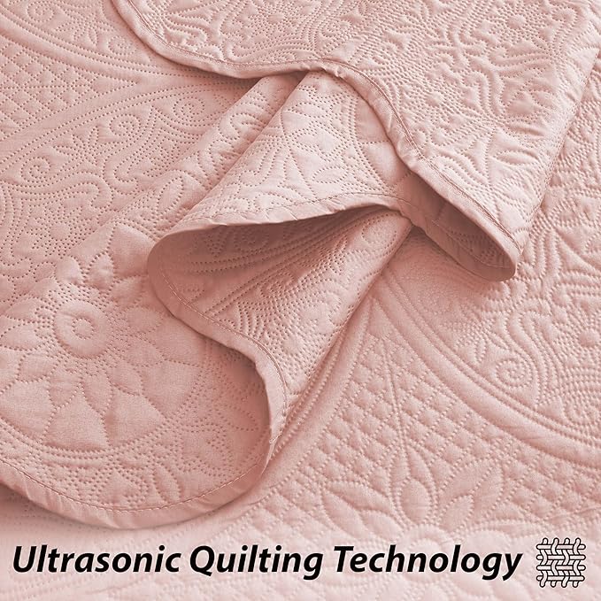 IR Imperial Rooms King Quilt Bedding Set Size (106" x 96") + 2 Pillow Shams (20" x 36"+ 2") - 3 Pcs All Season Lightweight Reversible Microfiber Coverlet Floral Embossed Quilt Bedspread (Baby Pink)