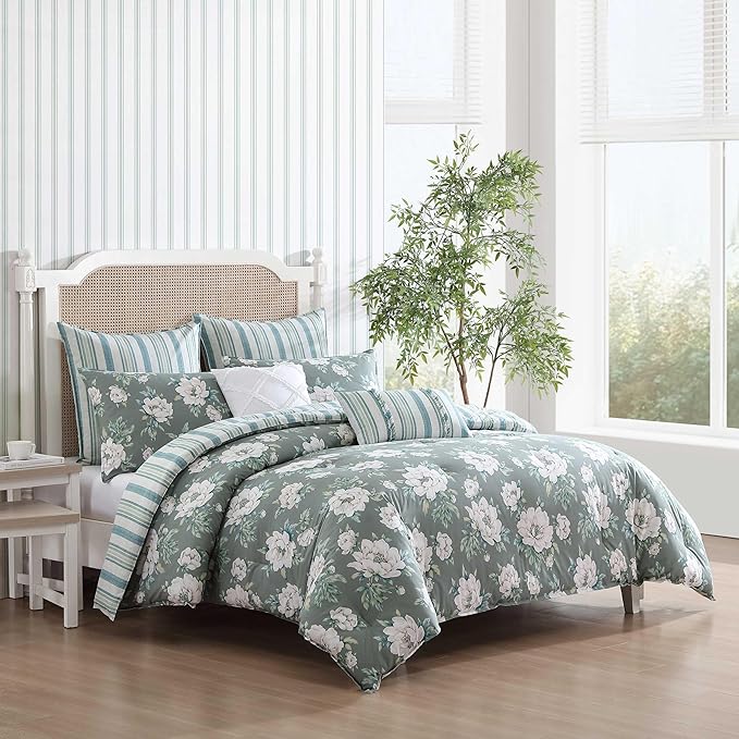Laura Ashley - Twin Comforter Set, Premium Cotton Bedding with Matching Sham, Includes Bonus Decorative Pillow Covers, Floral Home Decor, Oeko-Tex Certified (Wisley Floral Green, Twin)