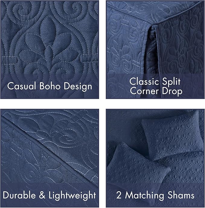 Madison Park Quebec Split Corner Quilted Bedspread Classic Traditional Design All Season, Lightweight, Bedding Set, Matching Shams, King, Damask Quilted Navy 3 Piece