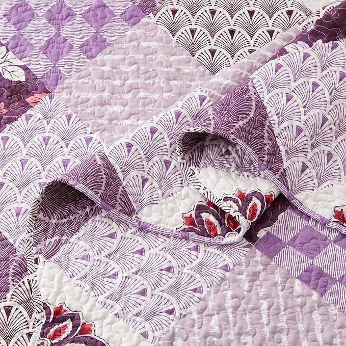 Full/Queen Size Quilt Set 3 Piece Lightweight Reversible Bedspread-90''x98'' Soft Patchwork Floral Coverlet Luxurious Warm Microfiber Bed Cover All Seasons Purple Bedding Set(1 Quilt,2 Pillow Shams)