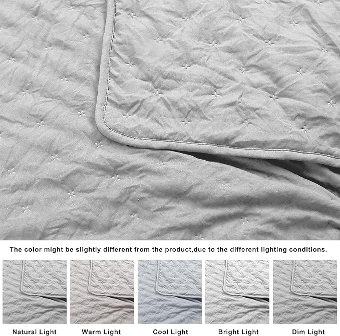 ROARINGWILD Light Grey Twin Size Quilt Bedding Sets with Pillow Sham, Lightweight Bedspread Coverlet, Quilted Blanket Thin Comforter Bed Cover, All Season Summer Spring, 2 Pieces, 68x90 inches