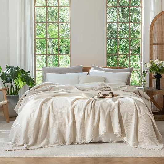 MooMee Muslin Blanket - 100% Cotton 4-Layer Gauze Throw Blanket with Tassels Ultra-Soft Breathable Lightweight Cooling for Bed Couch (Beige,Oversized Queen 98" x 98")