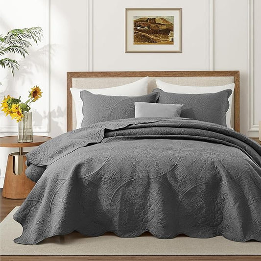 IR Imperial Rooms California King Quilt Bedding Set Size (118"x106") + 2 Pillow Shams (20" x 36"+ 2") - 3 Pcs All Season Reversible Microfiber Coverlet Embossed Floral Quilt Bedspread (Grey)