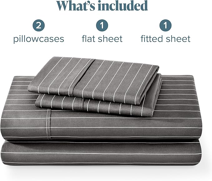 Bare Home California King Sheet Set - 1800 Ultra-Soft Microfiber Cal King Bed Sheets - Double Brushed - Deep Pockets - Easy Fit - 4 Piece Set (California King, Pinstripe - Grey/White)