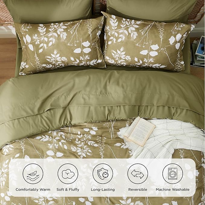 Bedsure Twin Comforter Set - 5 Pieces Floral Olive Green Soft Bedding Sets, Twin Bed in a Bag with Botanical Flowers Comforter, Sheets, Pillowcase & Sham