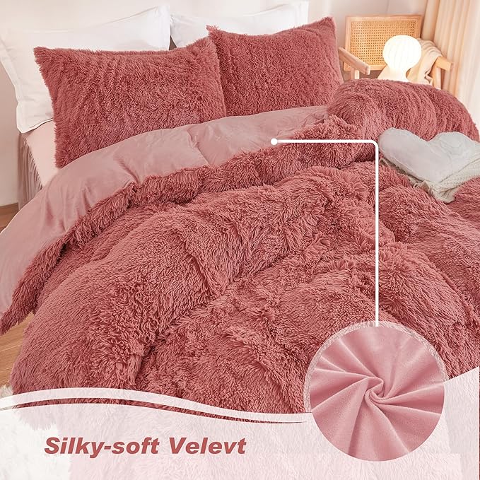annadaif Fluffy Duvet Cover Full Size, Old Pink Plush Shaggy Faux Fur Comforter Cover Velvet Bedding Set with Zipper Closure(1 Duvet Cover, 2 Pillowcases)
