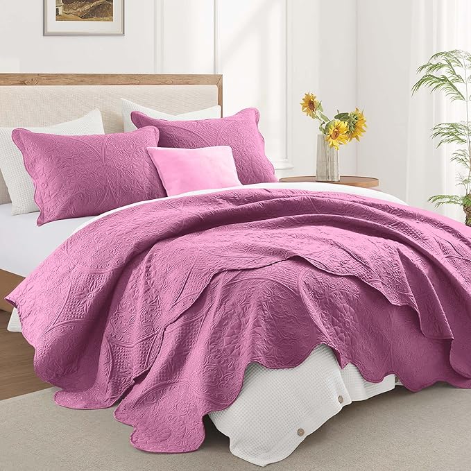 IR Imperial Rooms California King Quilt Bedding Set Size (118"x106") + 2 Pillow Shams (20" x 36"+ 2") - 3 Pcs All Season Reversible Microfiber Coverlet Embossed Floral Quilt Bedspread (Purple)