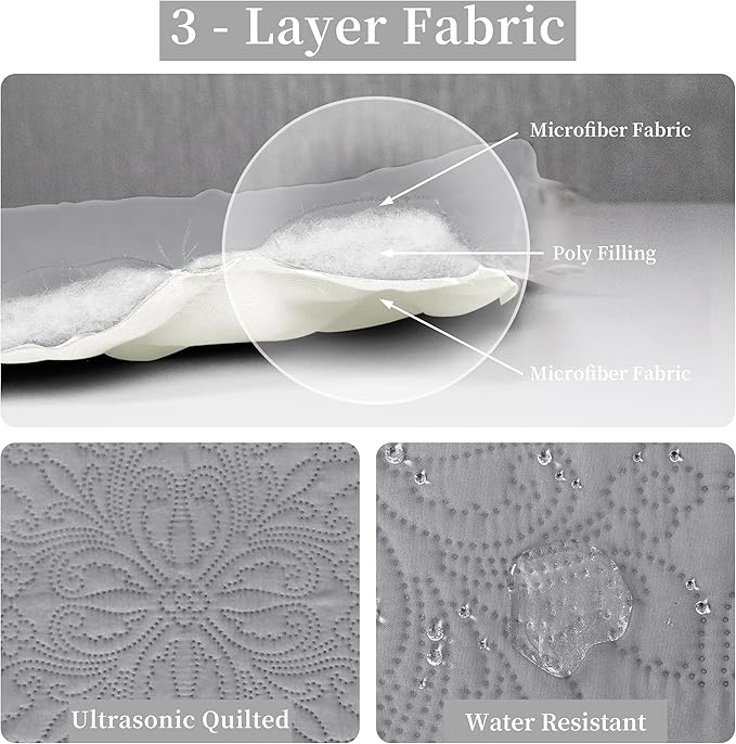 Easy-Going Full/Queen Size Reversible Quilt Set with 1 Quilt and 2 Pillow Shams, Soft Bed Quilt Cover, Water Resistant Lightweight Microfiber Bedspread, Stain Resistant, Damask-Light Gray/Ivory