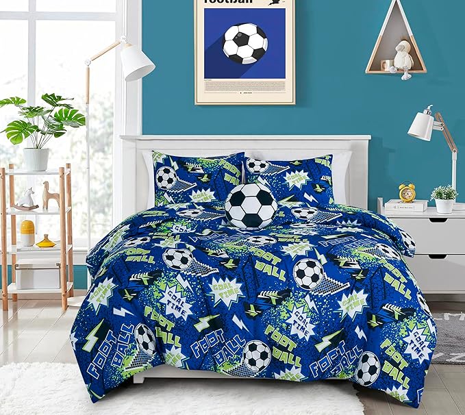 Chezmoi Collection 4-Piece Kids Football Soccer Bedding Comforter Set Full/Queen Size - Soft Microfiber Blue Green Black White Printed Football Soccer Sports for Kids/Teens