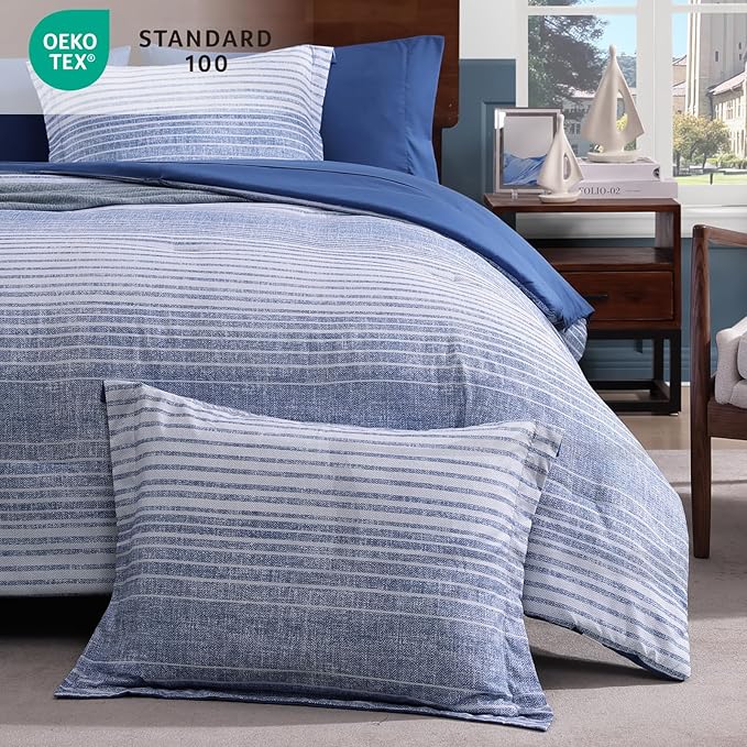 Full Comforter Sets Striped, Ocean Blue Coastal Bedding Set 7 Pieces for Boys Girls Teen, All Season Bed in a Bag for Dorm with Sheets, Pillowcases & Shams