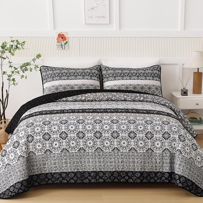 WONGS BEDDING Boho Quilt Set Full Size,Black Bohemian Striped Patchwork Bedspread Set,3 Pieces Microfiber Bedding Set for All Seasons (78"x90")