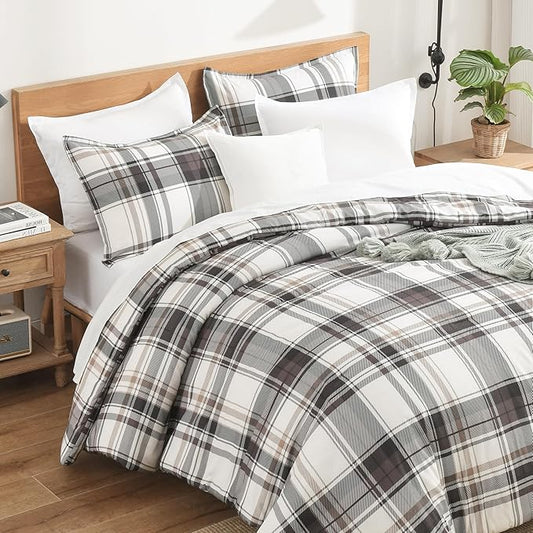 Andency Gray Brown Black Plaid Comforter Set Full(79x90Inch), 3 Pieces Grid Gingham Stripes Bedding Comforter Sets for Boys Girls Kids Teens, Preppy Geometric Line Soft Lightweight Reversible Bed Set