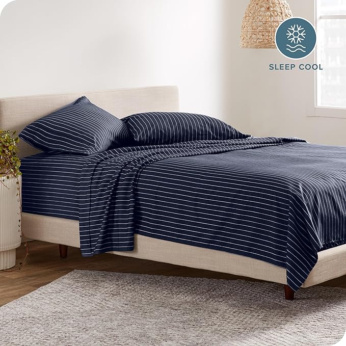Bare Home Queen Sheet Set - Luxury 1800 Ultra-Soft Microfiber Double Brushed - Deep Pockets - Easy Fit - 4 Piece Set (Queen, Pinstripe - Midnight/White)