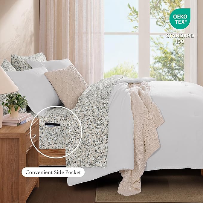 Monbix Queen Comforter Set - 7 Pieces White Prewashed Bed in a Bag Queen Bedding Sets with Comforters, All Seasons Ultra Soft Comforter Bed Set with Sheets, Pillowcases & Shams