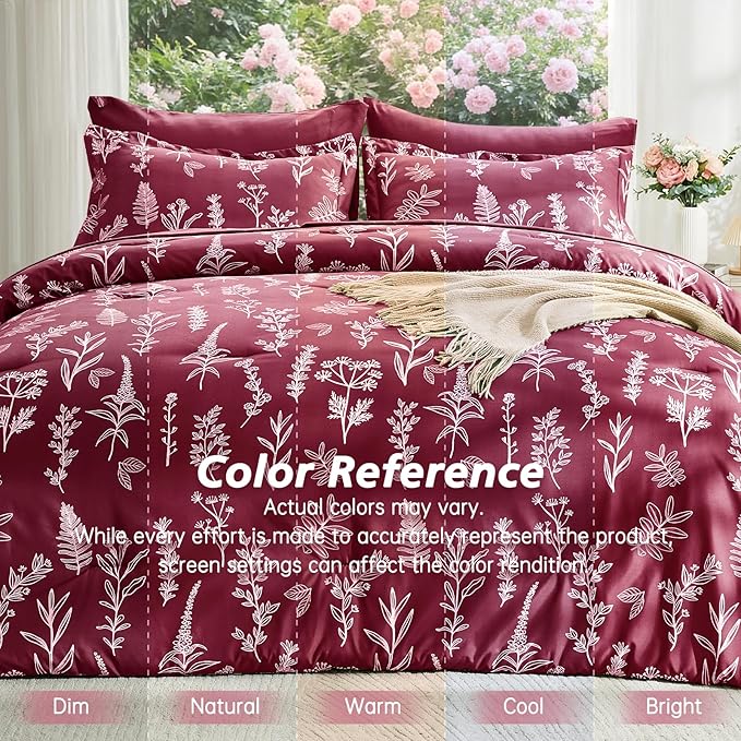 MUXHOMO Burgundy Bed in a Bag King 7 Pieces, King Comforter Set Reversible Botanical Flowers Design, Ultra Soft & Breathable Bedding Sets with Comforter, Sheets, Pillowcases & Shams