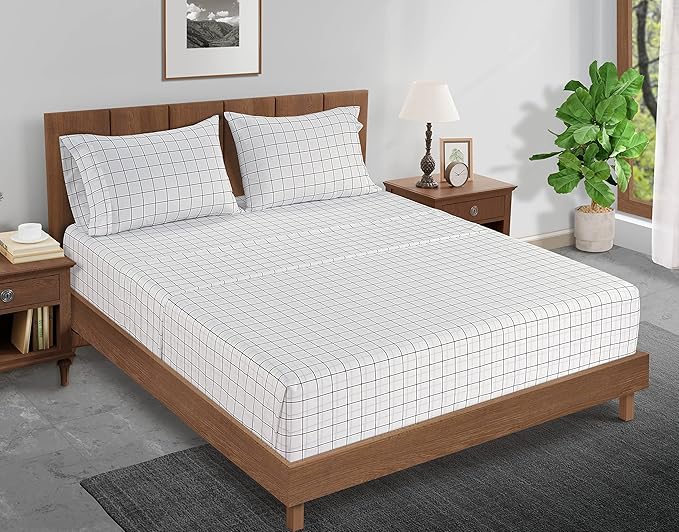 LANE LINEN Twin Fitted Sheets & Pillowcase Set, 100% Organic Cotton, Percale Weave, Soft, Breathable, Fits Mattress Up to 15' Deep - Charcoal Windowpane