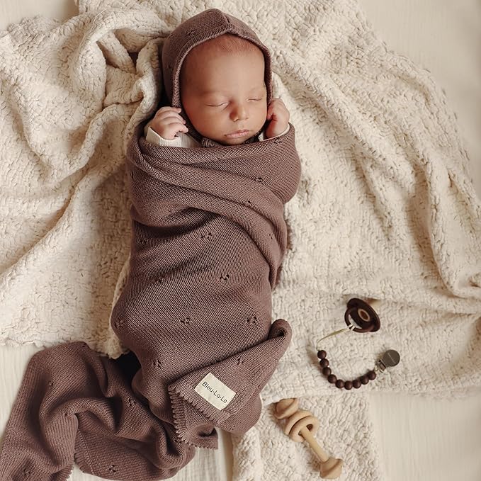 Baby Gift Set - Organic Cotton Newborn Blanket Essentials, Thoughtful Baby Shower & New Baby Gift for Boys & Girls (Pointelle - Milk Chocolate)