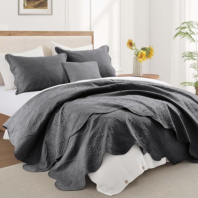 IR Imperial Rooms King Quilt Bedding Set Size (106" x 96") + 2 Pillow Shams (20" x 36"+ 2") - 3 Pcs All Season Lightweight Reversible Microfiber Coverlet Floral Embossed Quilt Bedspread (Charcoal)