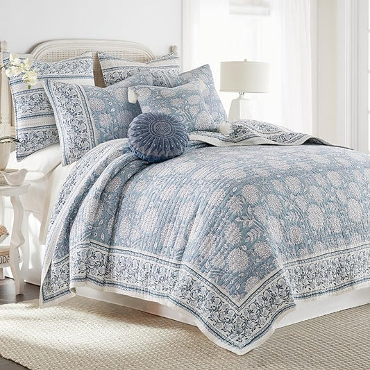 Levtex Home Adare Blue Reversible Twin XL/Twin Quilt Set (68x86in) with 1 Pillow Sham (26x20in) - Floral Bedding - Blue White - Cotton Twin Size Quilt Bedding Set - Lightweight, Soft, Pre-Washed