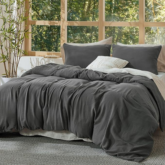 Bedsure Muslin Duvet Cover Queen Size - Cotton Blend Rayon Derived from Bamboo, Cooling Duvet Covet for Hot Sleepers - Ultra-Soft & Breathable Bedding Set for All Seasons(Dark Grey, 90"x90")