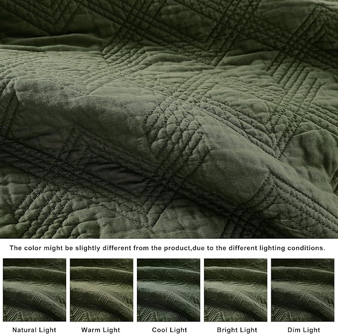 WDCOZY 100% Cotton Twin Size Quilt Set - Olive Green Pre-Washed Soft Lightweight Modern Bedspread, Farmhouse Country Rustic Coverlet, Textured Like Linen, Shabby Chic Gauze Bedding, 2 Pieces