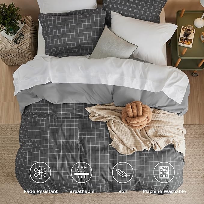 Bedsure Duvet Cover Queen Size - Reversible Plaid Duvet Cover Set with Zipper Closure, 3 Pieces Dark Grey Bedding Set with 8 Corner Ties and 2 Pillow Shams 20"x26"