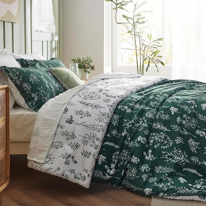 Bedsure Duvet Cover Queen Size - Reversible Emerald Green Queen Duvet Cover Set with Zipper Closure, 3 Pieces Floral Patterned Bedding Set with 8 Corner Ties and 2 Pillow Shams