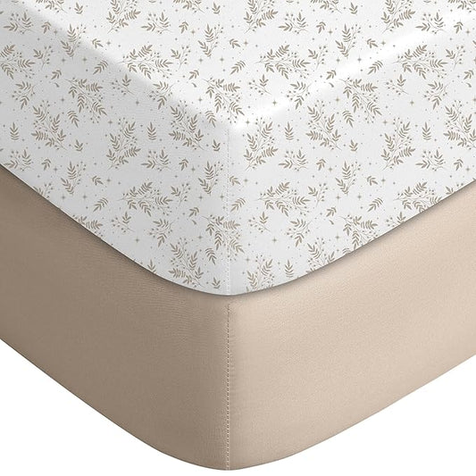 Yoofoss Pack and Play Sheets Fitted, Mini Crib Sheets 2-Pack for Pack N Play Mattress, Stretchy Playard Sheet, Soft and Breathable Brown+Leaf