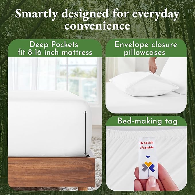 California Design Den Rayon Sheets Cal King, Luxury Cooling, White for California King Size Bed with Deep Pocket Fitted Sheet