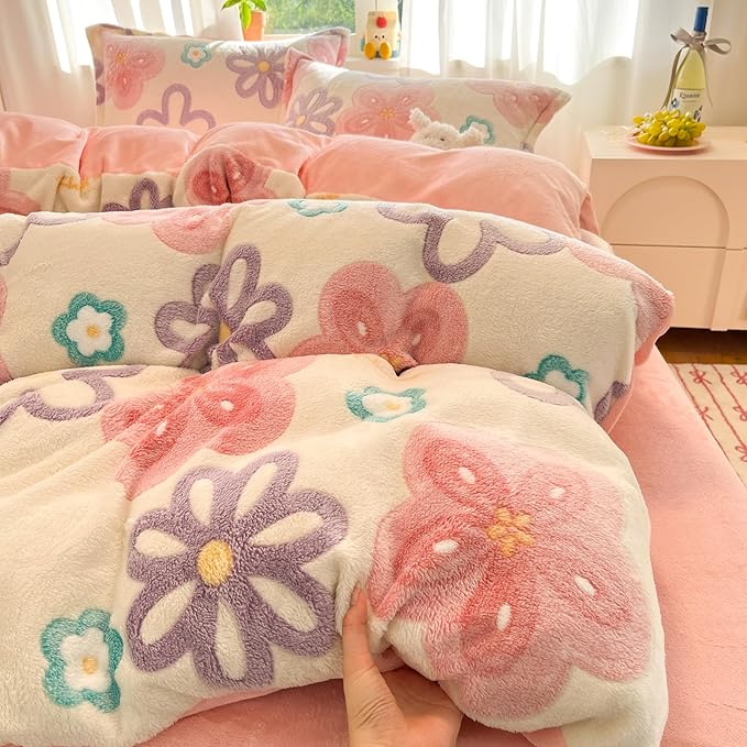 MorroMorn Pink Duvet Cover Queen, Floral Bedding Sets, Comforter Covers Set, Down Alternative Blanket Ultra Soft Kawaii Cute Blooming Flowers for Girls Kids Teen Women Full Double Size