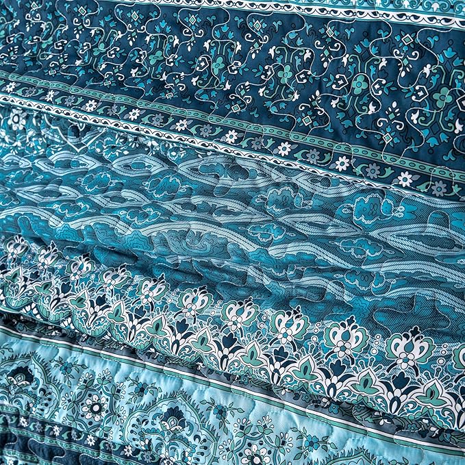 WONGS BEDDING Boho Quilt Set California King, Blue Bohemian Striped Pattern Quilt Coverlet, Lightweight Microfiber Bed Decor Bedspread with Pillow Shams for All Season 106"x96"(3 Pieces, Cal King)