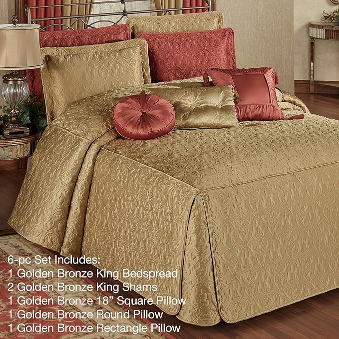 Cambridge Classic Luxury Bedding | Golden Bronze Solid Color Polyester Satin | Elaborate Damask Quilting | 6 Pc Bed Set Includes Fitted Oversized King Bedspread, 2 King Shams, & 3 Decorative Pillows