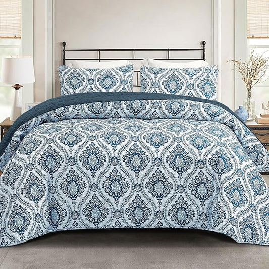 Exclusivo Mezcla Reversible Boho Quilts Queen Size, Blue Bedspreads Lightweight Coverlet All Season Damask Quilt Bedding Set with Printed Floral Pattern (1 Quilt, 2 Pillow Shams)