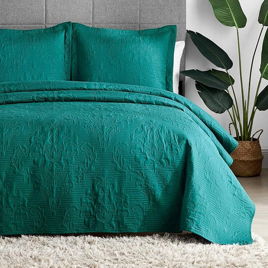 Hansleep Teal Quilt Twin Size - Damask Ultrasonic All Season Bedspread Twin, Soft Lightweight Coverlet Bedding Set, 2 Pieces (1 Quilt, 1 Pillow Sham)