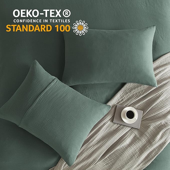 SE SOFTEXLY Muslin Duvet Cover King Size, 100% Washed Cotton Duvet Cover Set, Ultra Soft Comforter Cover Linen Like, 3 Pieces Minimalist Gauze Duvet Cover with 2 Pillowcases, 90"x104", Forest Green