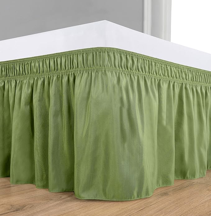 Bed Skirt Three Sides Fabric Adjustable Elastic Wrap Around Dust Ruffled Bed Skirts Twin, Sage, 16 Inch Tailored Drop